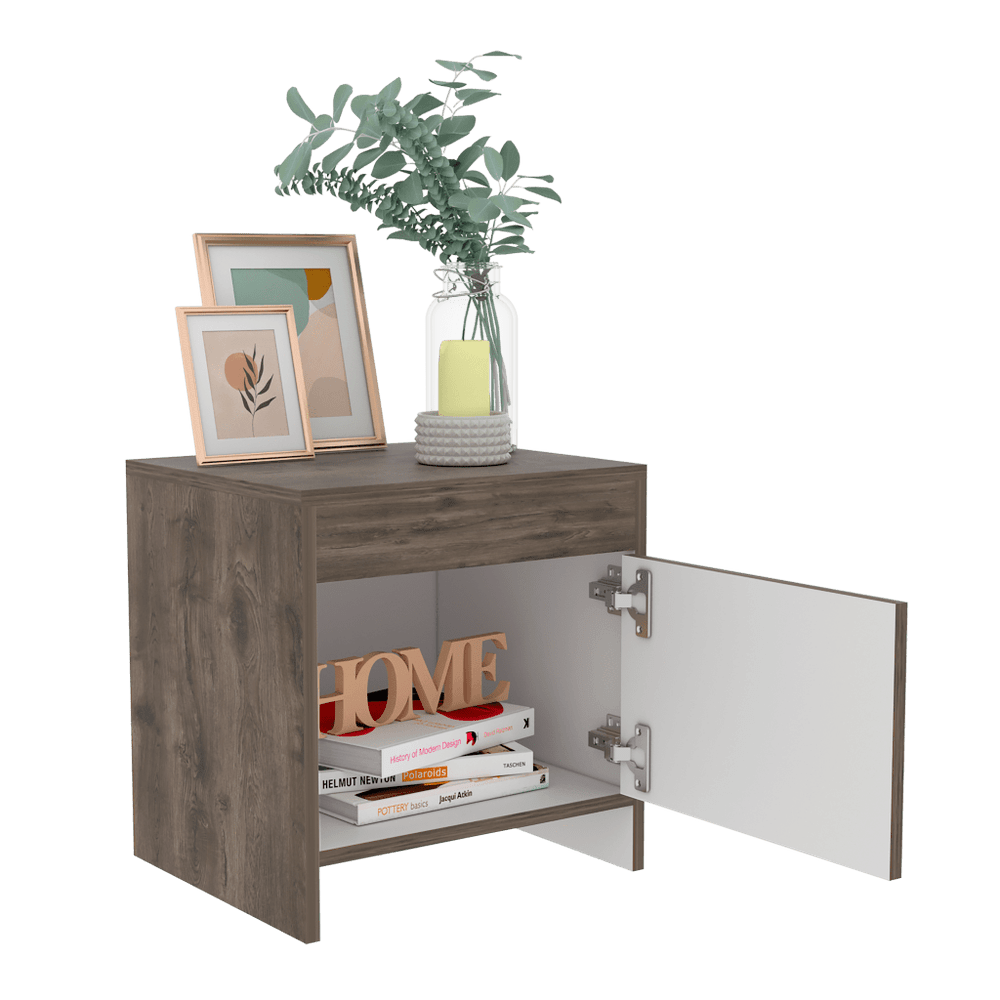 Mesa de Noche Tutto, Nogal y Blanco, con cajón para guardar objetos ideal  para espacios reducidos - Distrihogar