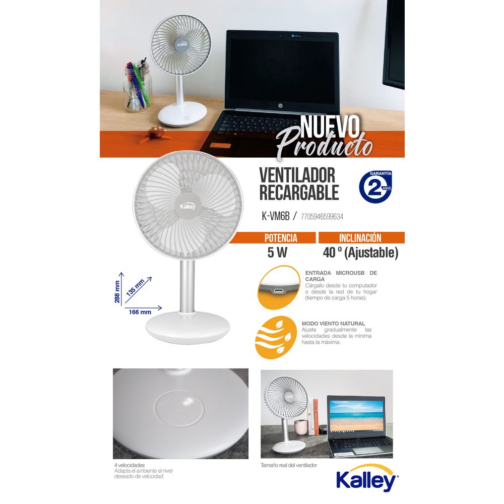 Ventilador Mesa Recargable Kalley K-VM6B - Institucionaldh